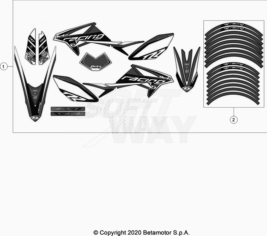vue éclatée plastiques, réservoir et selle - beta 50 rr enduro racing 2020