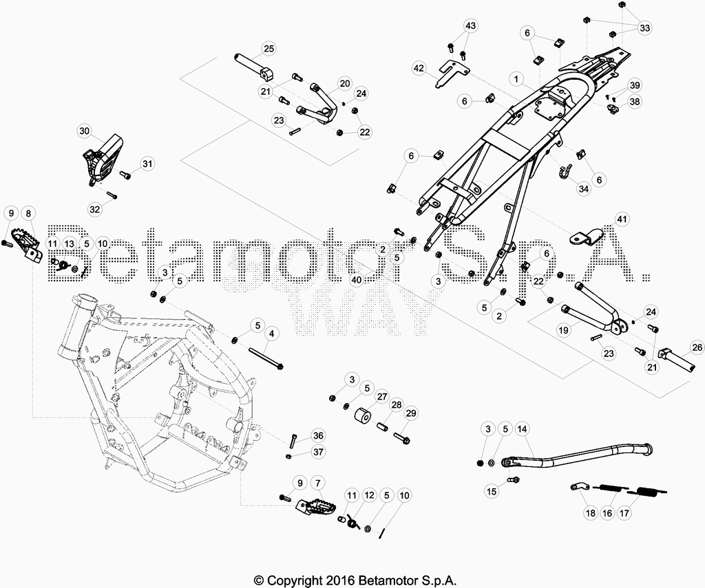 vue éclatée accesoires du cadre arrière de cadre, repose-pieds,... - beta 50 rr motard 2017