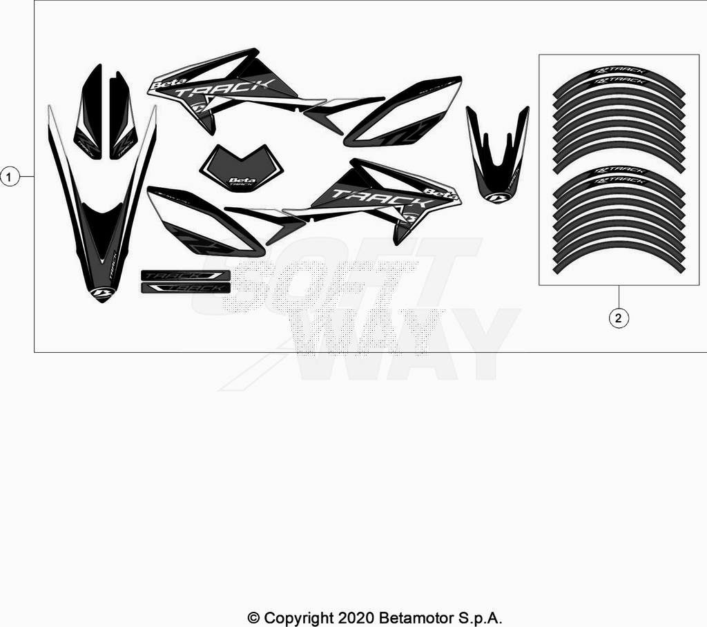 vue éclatée plastiques, réservoir et selle - beta 50 rr motard track noir 2020