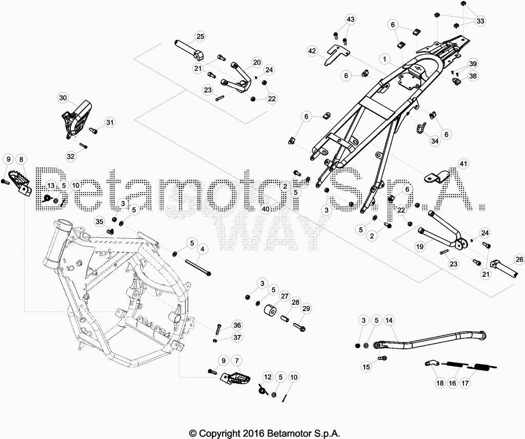 vue éclatée accesoires du cadre arrière de cadre, repose-pieds,... - beta 50 rr motard track 2016