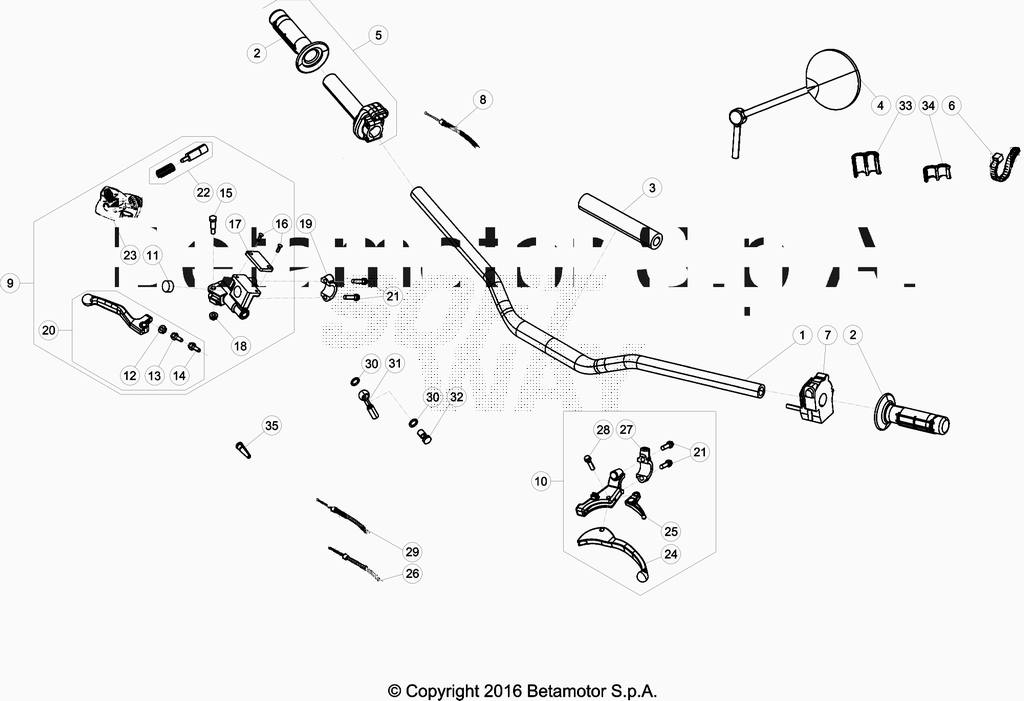 vue éclatée commandes et guidon - beta 50 rr motard track 2016