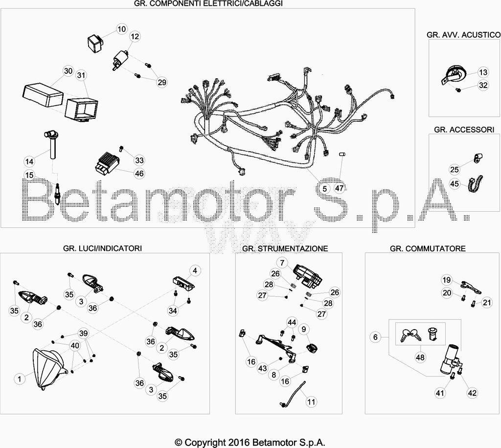 vue éclatée installation électrique - beta 50 rr motard track 2016
