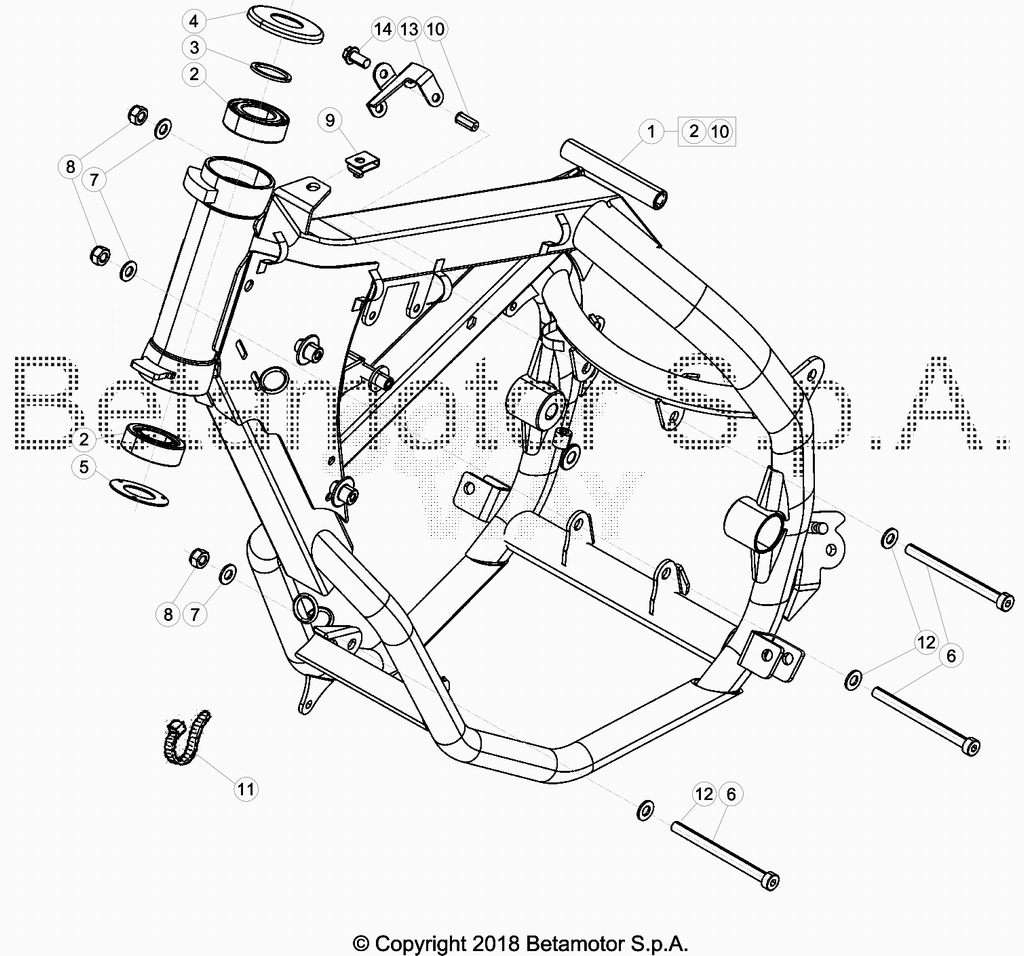 vue éclatée accesoires du cadre arrière de cadre, repose-pieds,... - beta 50 rr motard track 2019