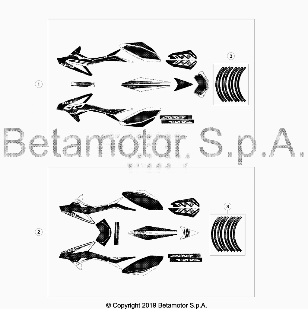 vue éclatée plastiques, réservoir et selle - beta 50 rr motard track 2019