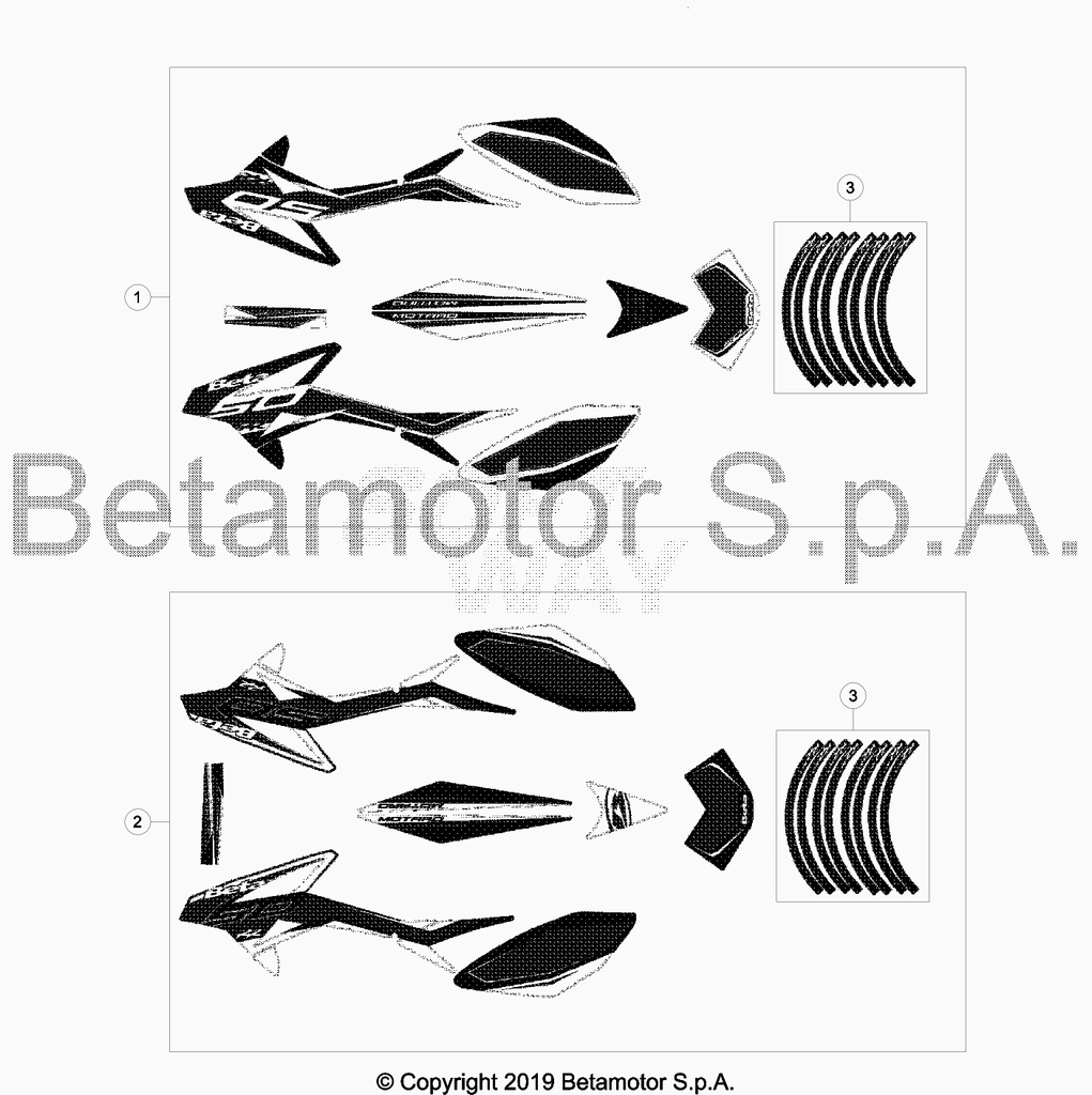 vue éclatée plastiques, réservoir et selle - beta 50 rr motard sport 2019