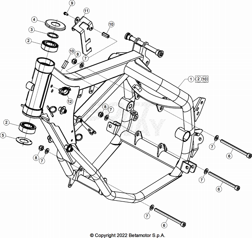 vue éclatée accesoires du cadre arrière de cadre, repose-pieds,... - beta 50 rr motard sport blanc 2023