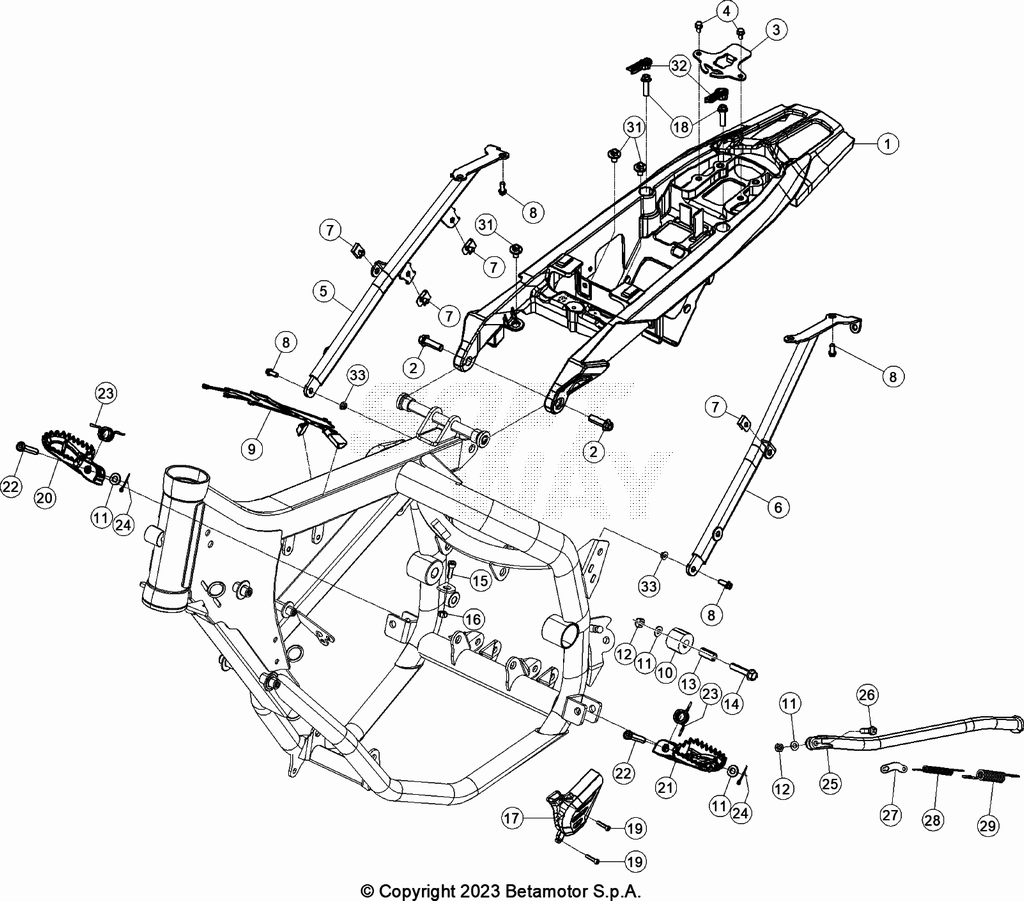 vue éclatée accesoires du cadre arrière de cadre, repose-pieds,... - beta 50 rr motard sport noir 2023