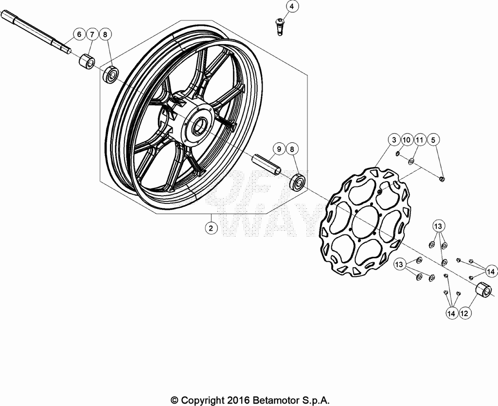 vue éclatée roue avant - beta 50 rr motard sport noir 2023