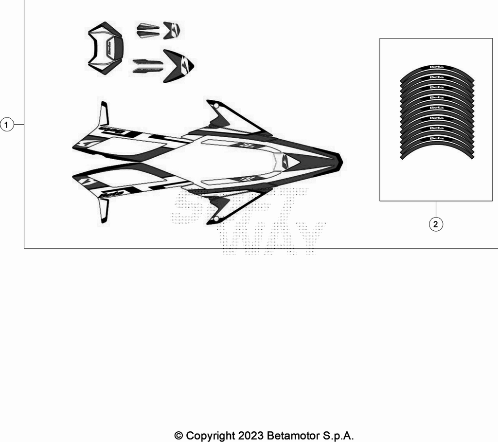 vue éclatée plastiques, réservoir et selle - beta 50 rr motard sport noir 2023