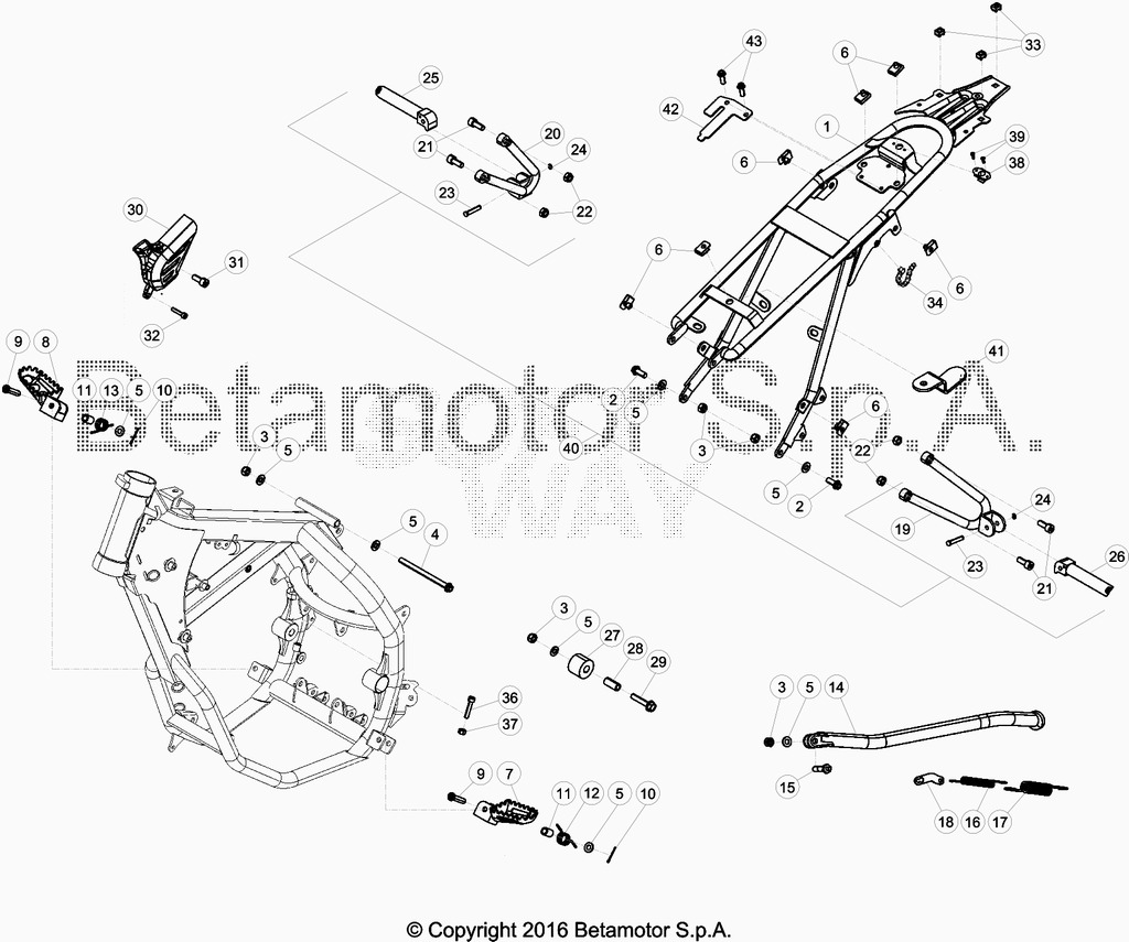 vue éclatée accesoires du cadre arrière de cadre, repose-pieds,... - beta 50 rr enduro sport 2017