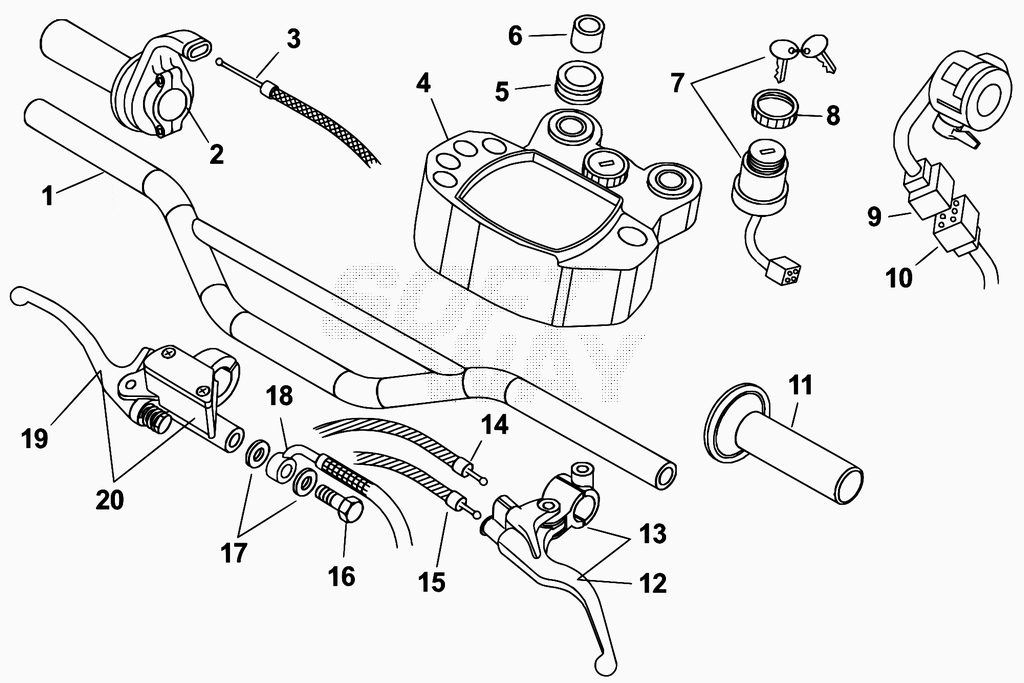 vue éclatée commandes et guidon - beta 50 rr motard 2005
