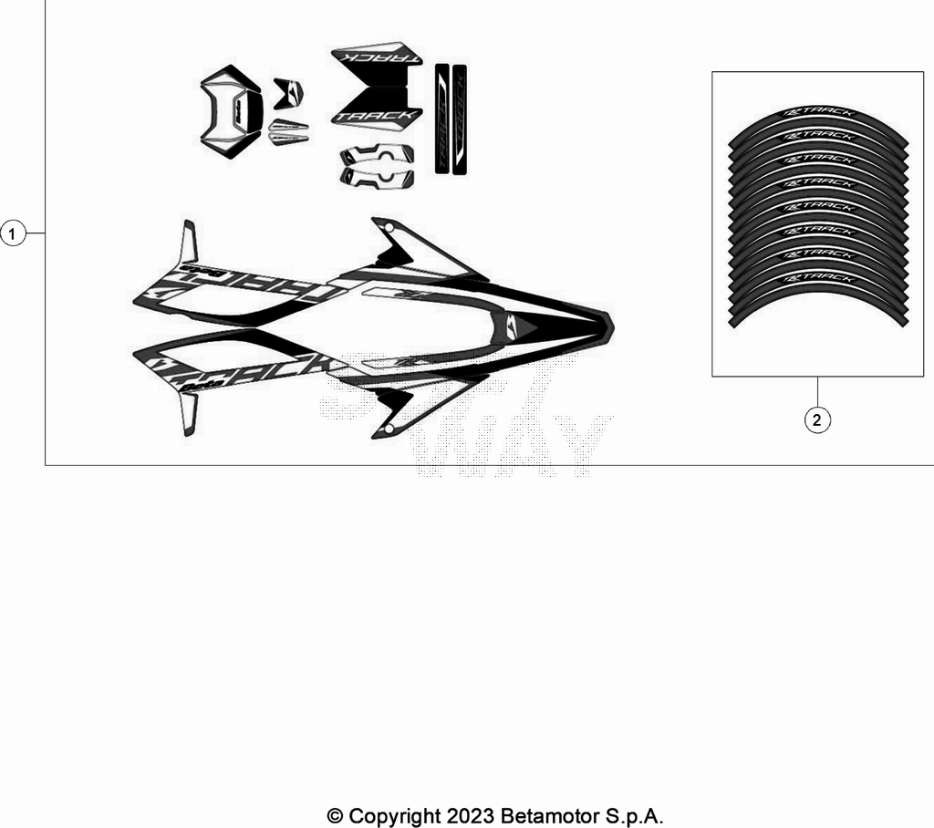 vue éclatée plastiques, réservoir et selle - beta 50 rr motard track noir 2023