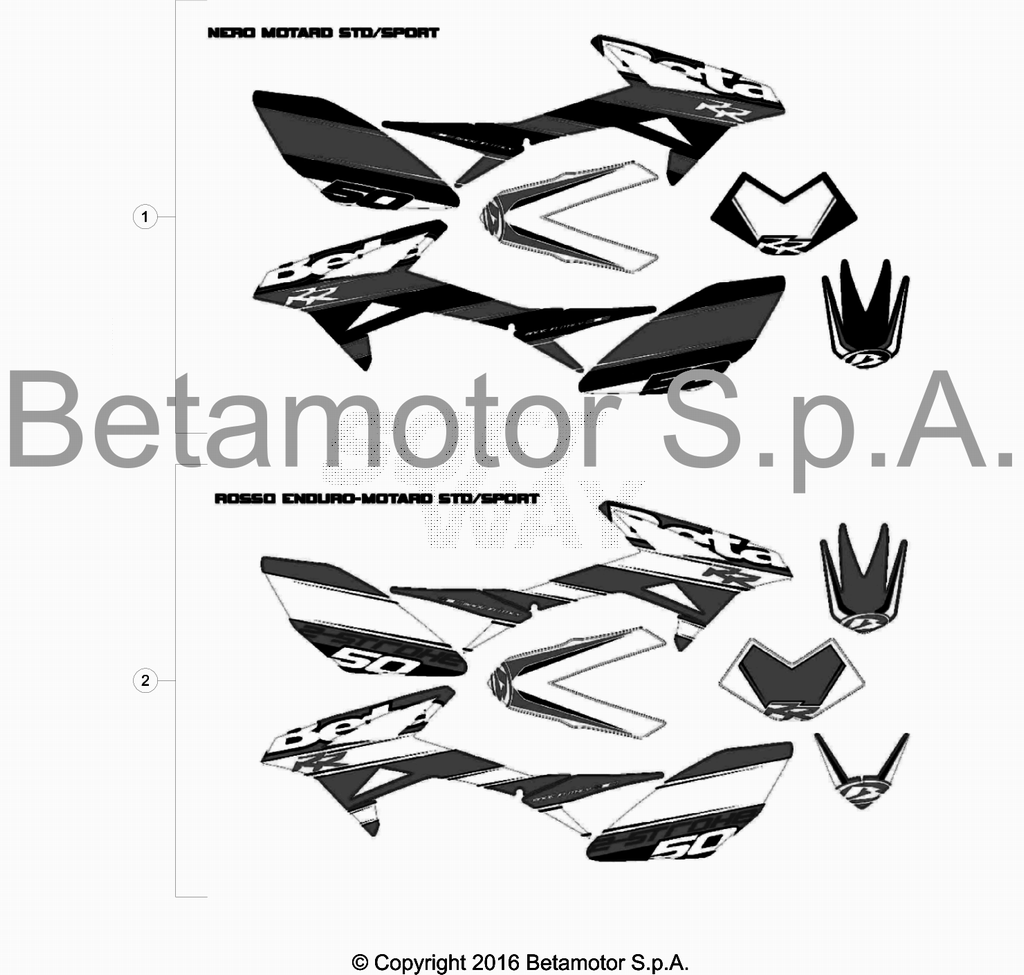 vue éclatée plastiques, réservoir et selle - beta 50 rr motard 2016