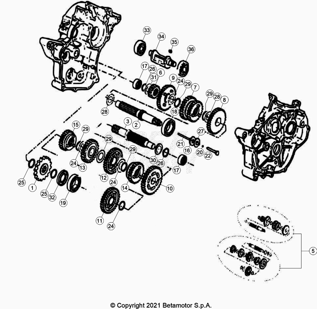 vue éclatée boite de vitesse - beta 50 rr enduro sport rouge 2023