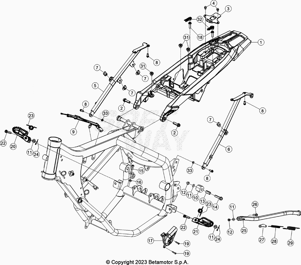vue éclatée accesoires du cadre arrière de cadre, repose-pieds,... - beta 50 rr enduro sport rouge 2023