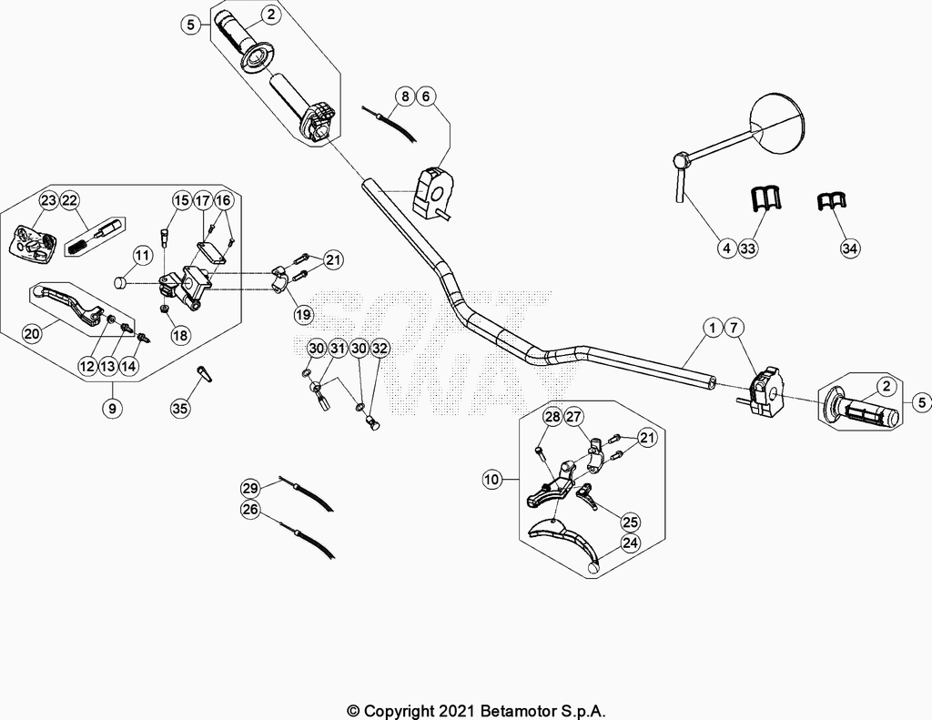 vue éclatée commandes et guidon - beta 50 rr enduro sport rouge 2023