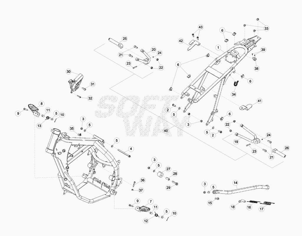 vue éclatée accesoires du cadre arrière de cadre, repose-pieds,... - beta 50 rr motard 2012