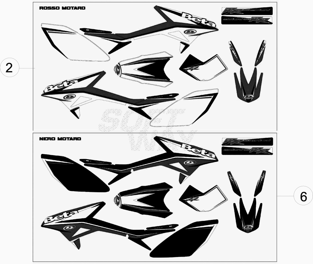 vue éclatée plastiques, réservoir et selle de 0300001 à 0300735 - beta 50 rr motard 2012