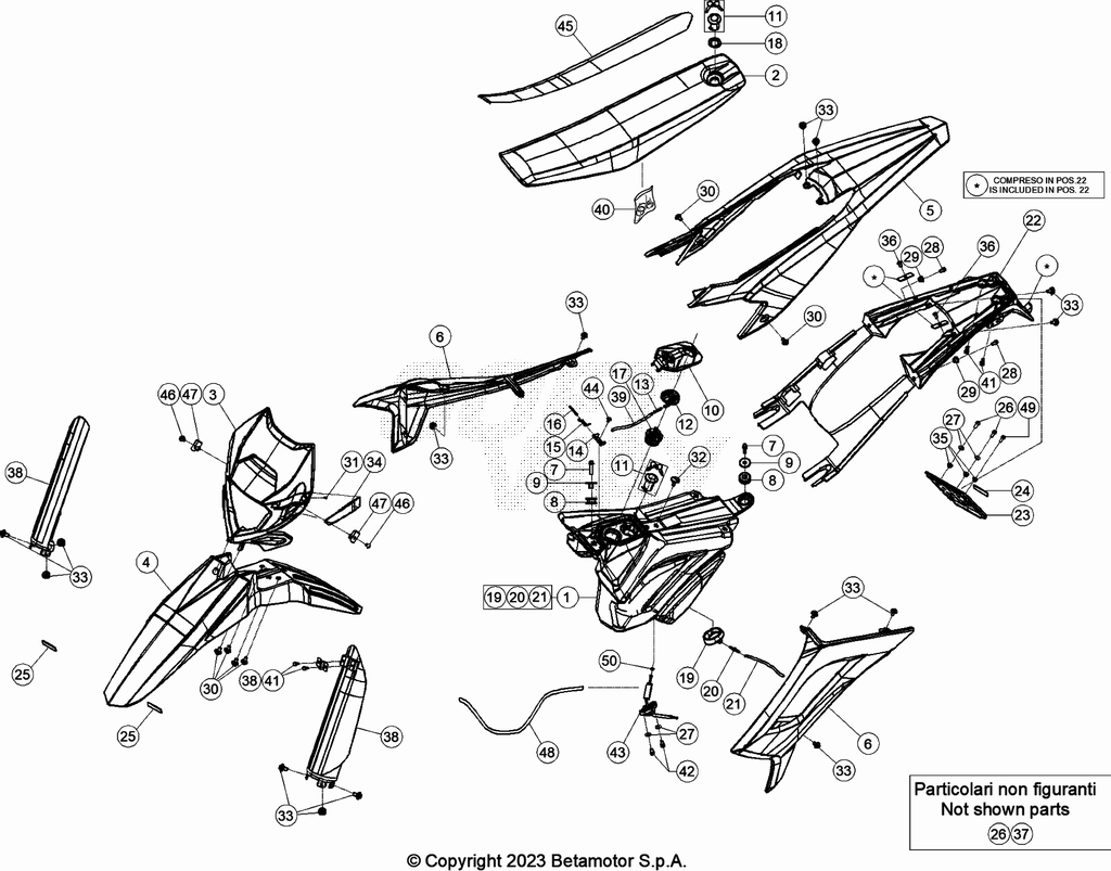 vue éclatée plastiques, réservoir et selle - beta 50 rr motard track jaune 2023