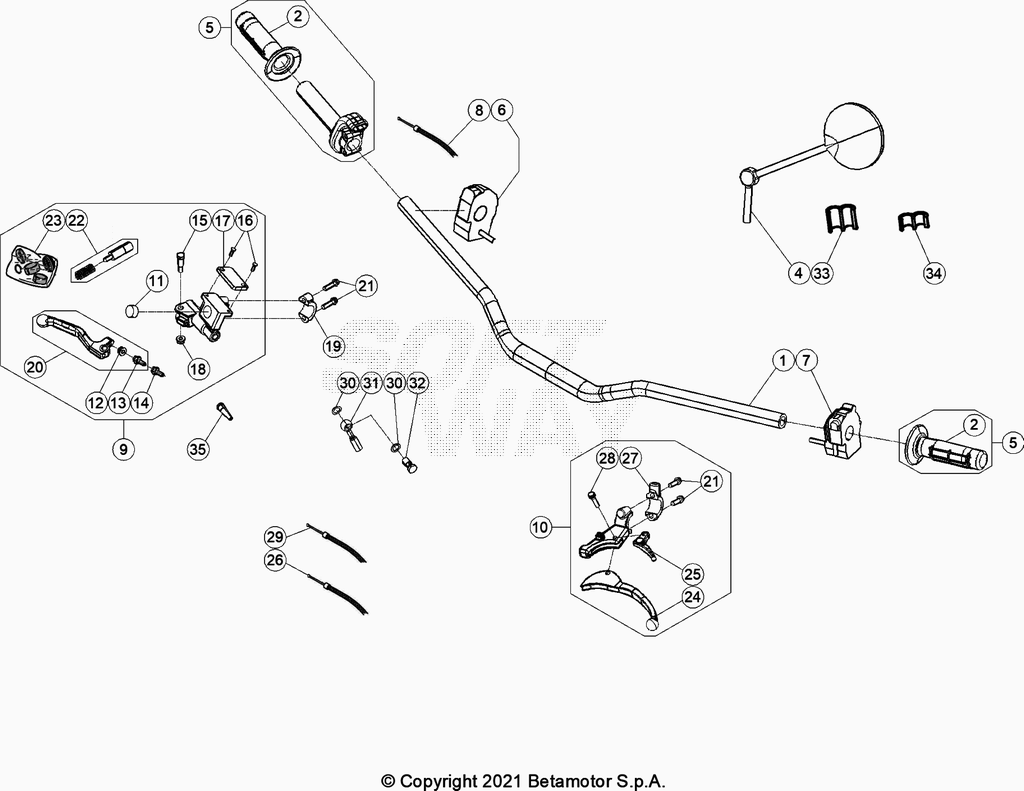 vue éclatée commandes et guidon - beta 50 rr enduro racing 2021