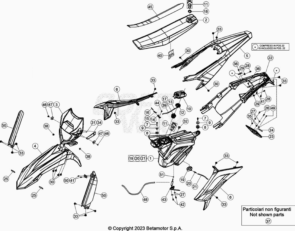 vue éclatée plastiques, réservoir et selle - beta 50 rr enduro racing 2021