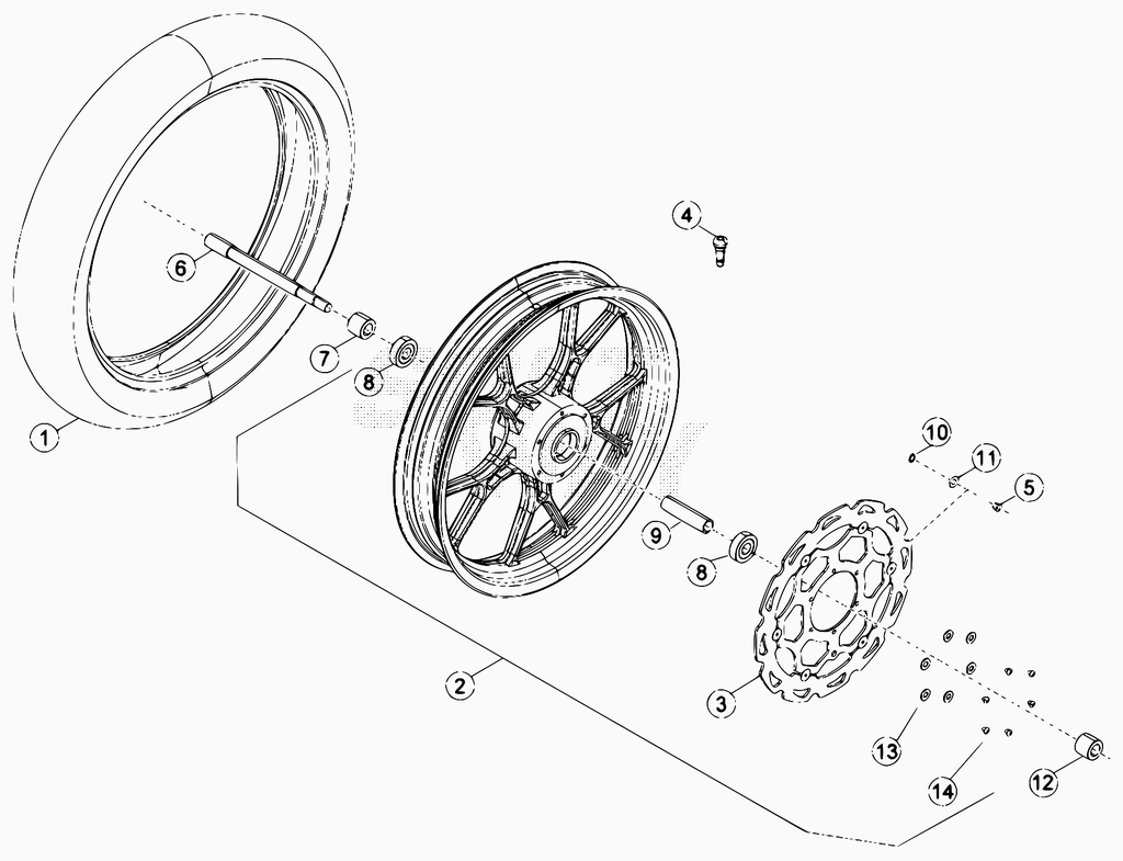 vue éclatée roue avant de 0400001 à 0401076 - beta 50 rr motard track 2014