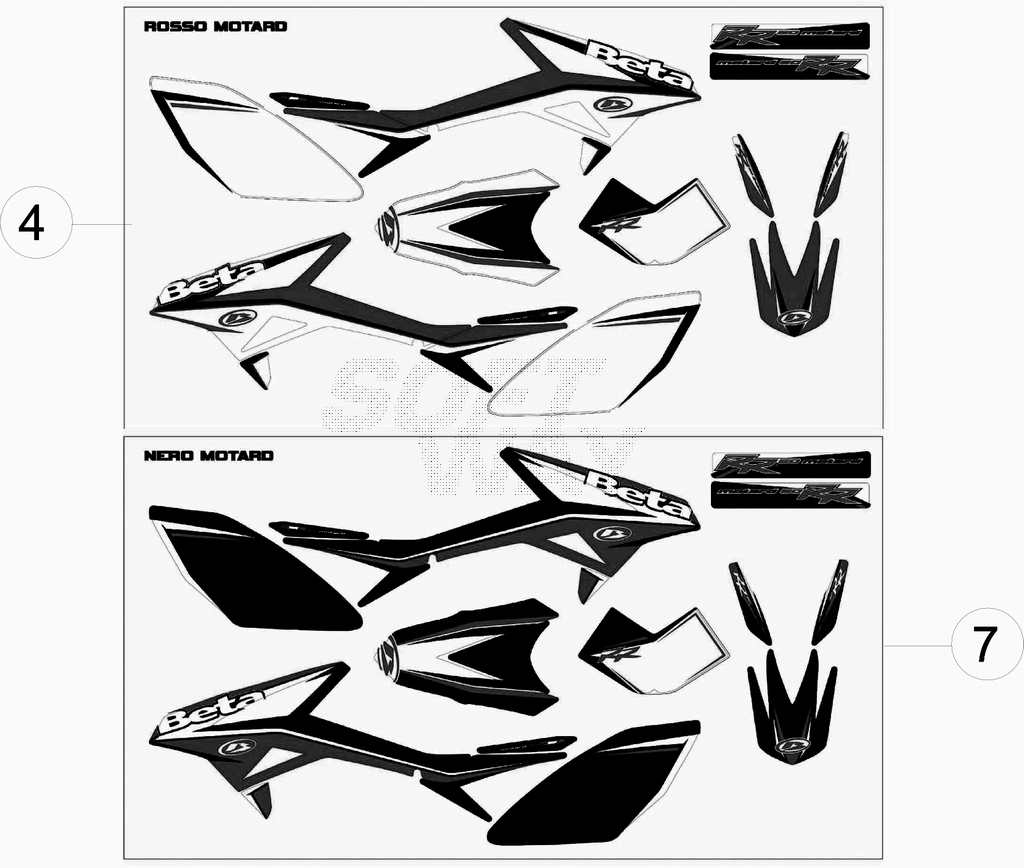 vue éclatée plastiques, réservoir et selle de 0400001 à 0401331 - beta 50 rr motard track 2014