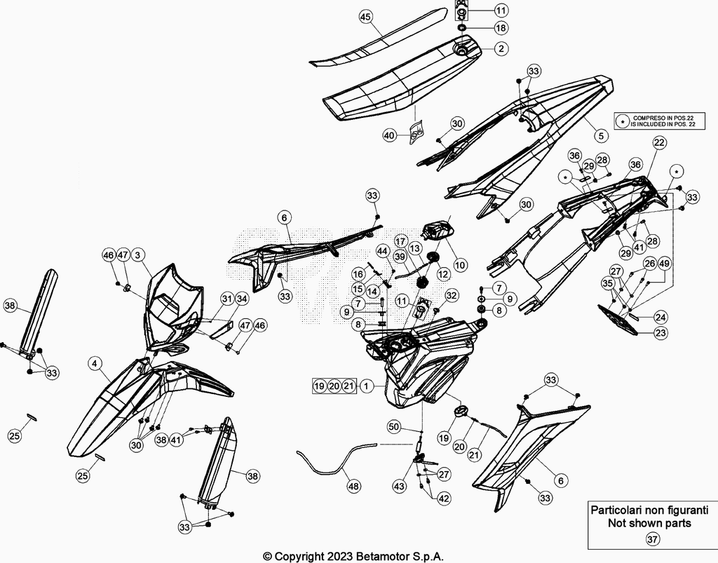 vue éclatée plastiques, réservoir et selle - beta 50 rr motard track noir 2021