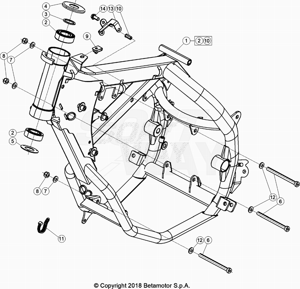 vue éclatée accesoires du cadre arrière de cadre, repose-pieds,... - beta 50 rr motard noir 2020