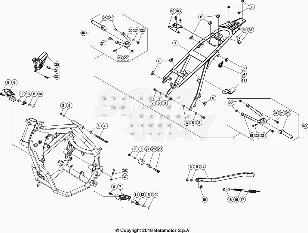 vue éclatée accesoires du cadre arrière de cadre, repose-pieds,... - beta 50 rr motard noir 2020