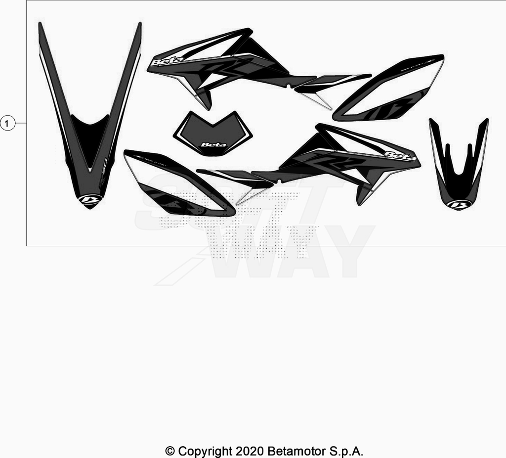 vue éclatée plastiques, réservoir et selle - beta 50 rr motard noir 2020
