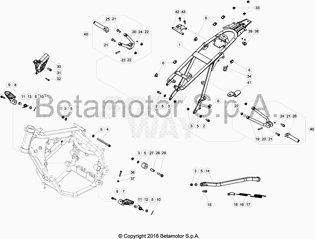 vue éclatée accesoires du cadre arrière de cadre, repose-pieds,... - beta 50 rr enduro sport 2019