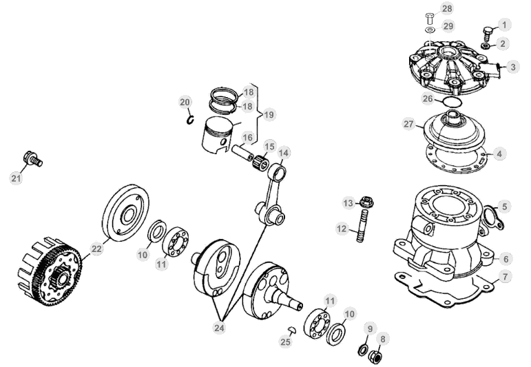 vue éclatée vilebrequin / piston / arbre d’équilibrage - beta evo 125 2t factory 2016