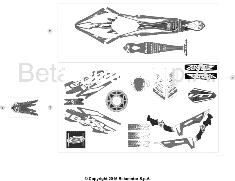 vue éclatée plastiques, réservoir et selle - beta evo 125 2t factory 2016