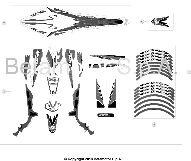 vue éclatée plastiques, réservoir et selle - beta evo 300 ss factory 2019