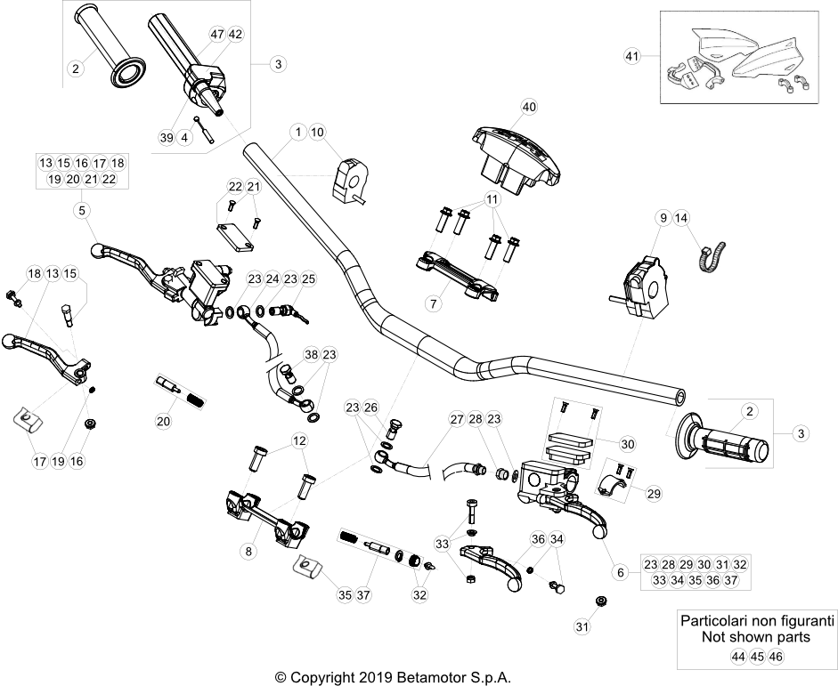vue éclatée commandes et guidon - beta rr 390 4t racing 2021