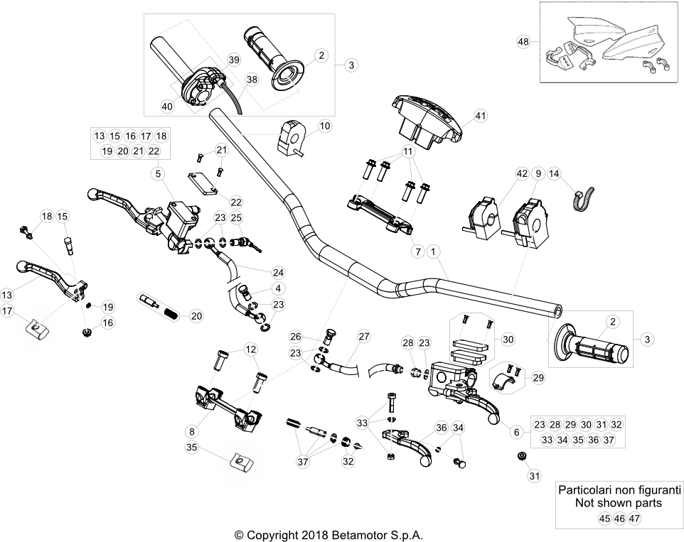vue éclatée commandes et guidon - beta rr 300 racing 2021