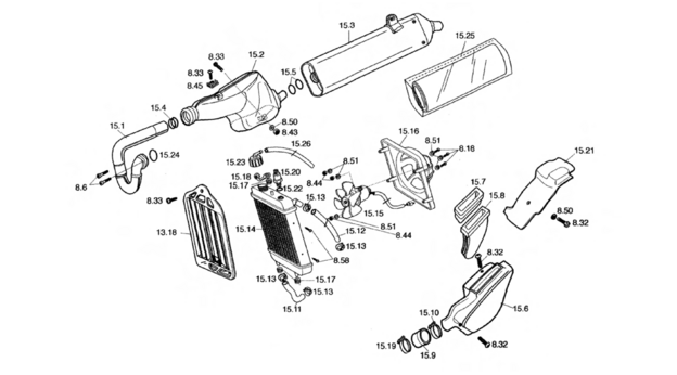 vue éclatée echapement e radiateur - sherco moto sherco 2.0 2000
