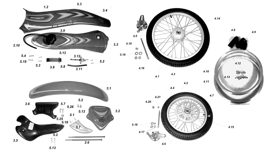 vue éclatée carrosserie / roues - sherco moto sherco 50 kid 2002