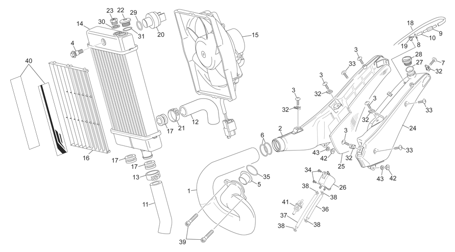 vue éclatée radiateur - sherco moto sherco 2.9 homol 2011
