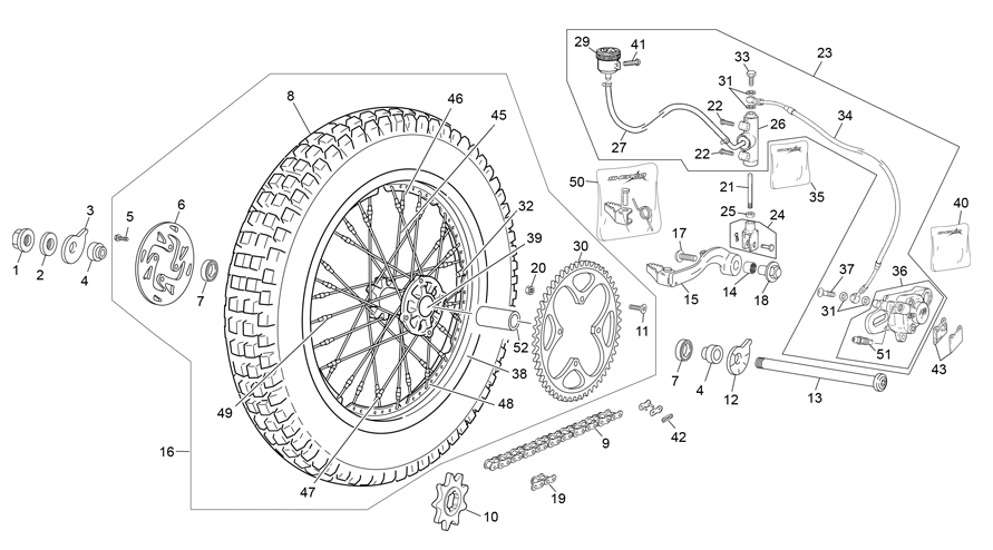 vue éclatée roue arrière avec système braktec - sherco moto sherco 2.5 factory 2019