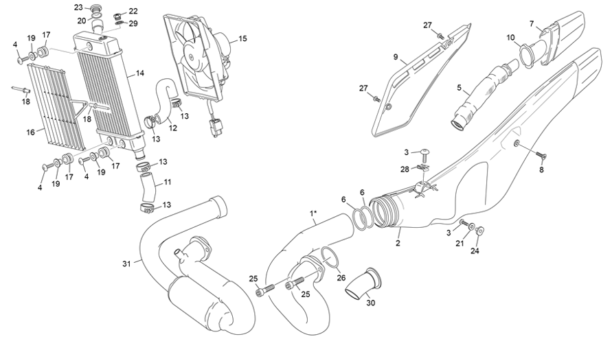 vue éclatée radiateur - échappement - sherco moto sherco 2.5 racing 2021