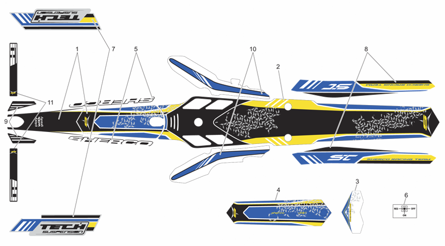 vue éclatée adhésifs - sherco moto sherco 1.25 racing homol 2012