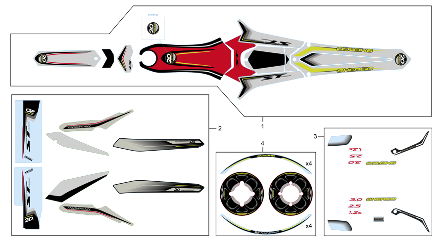 vue éclatée adhésifs - sherco moto sherco 1.25 factory homologated 20ème anniver 2019