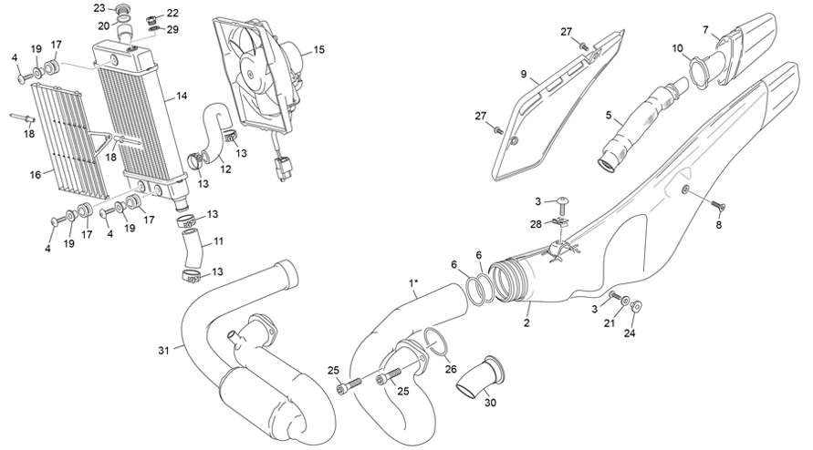 vue éclatée radiateur - échappement - sherco moto sherco 1.25 factory homologated 2021