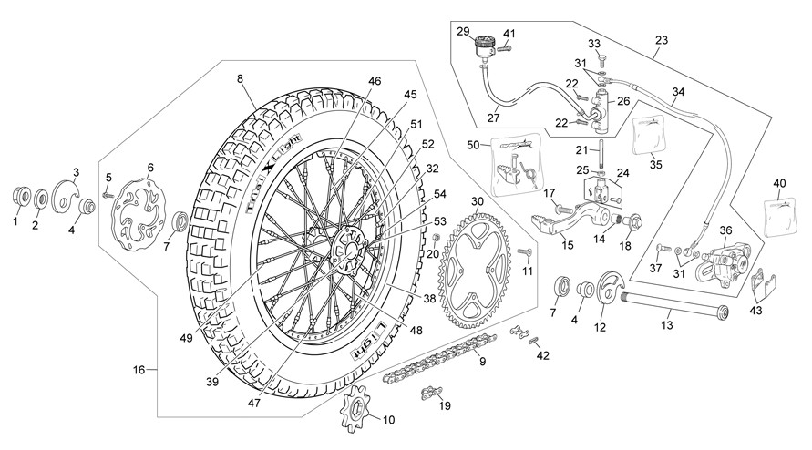 vue éclatée roue arrière avec système braktec - sherco moto sherco 3.0 compt factory 2014