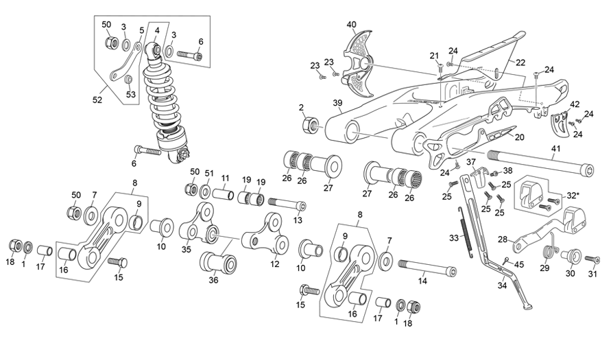 vue éclatée amortisseur - bras oscillant - sherco moto sherco 3.0 factory homologated fajardo 2020