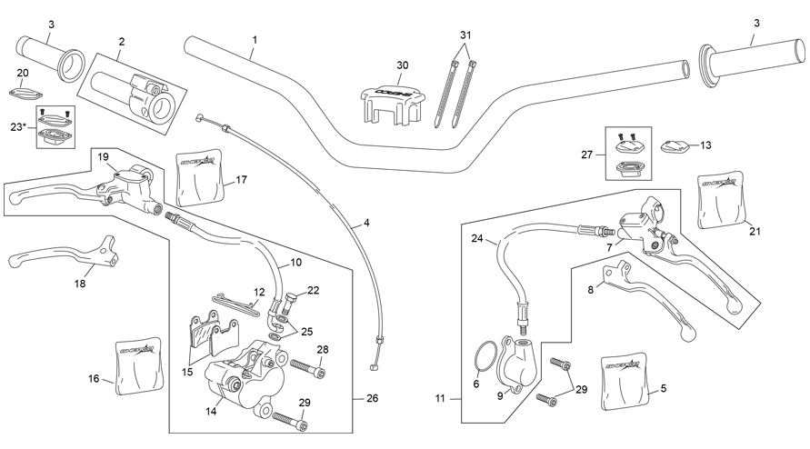 vue éclatée guidon avec système braktec - sherco moto sherco 3.0 factory 2021