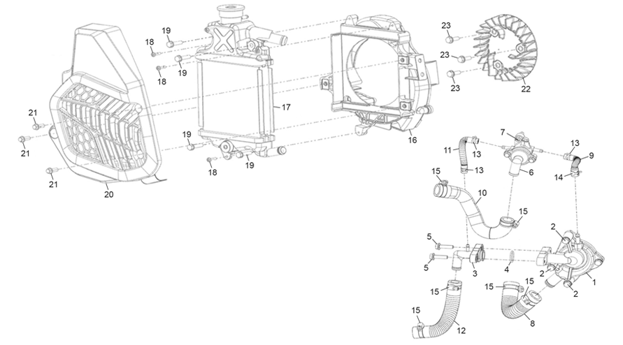 vue éclatée water cooling components - sherco 125 scorpa factory nardo grey 2026