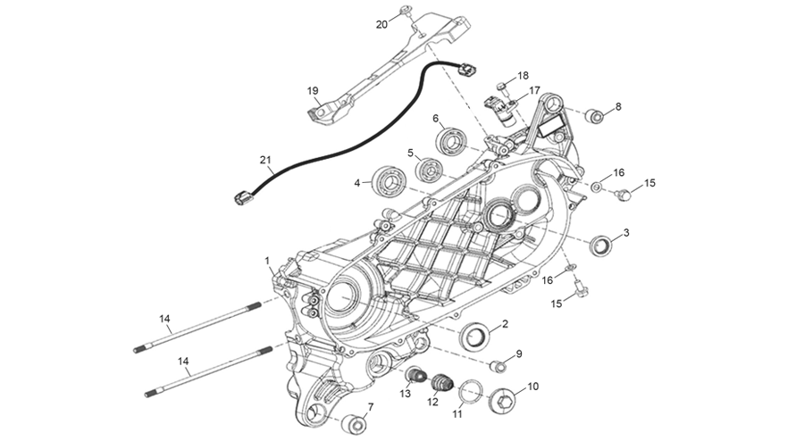 vue éclatée left crankcase assembly - sherco 125 scorpa factory nardo grey 2026